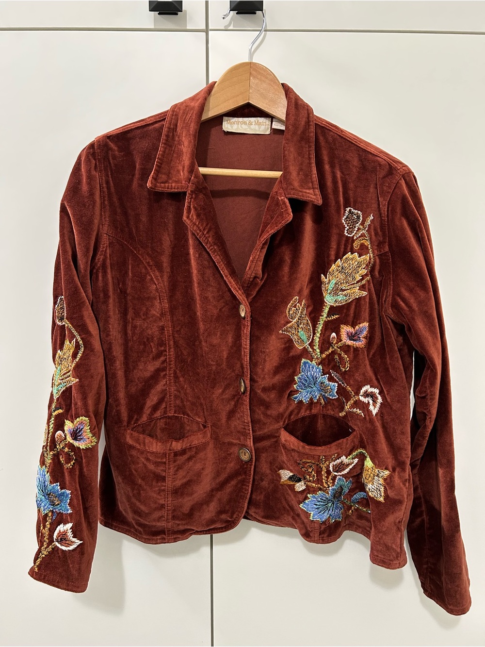 Monroe & Main Rust Velvet Embroidered Blazer Fall Boho Floral Size M